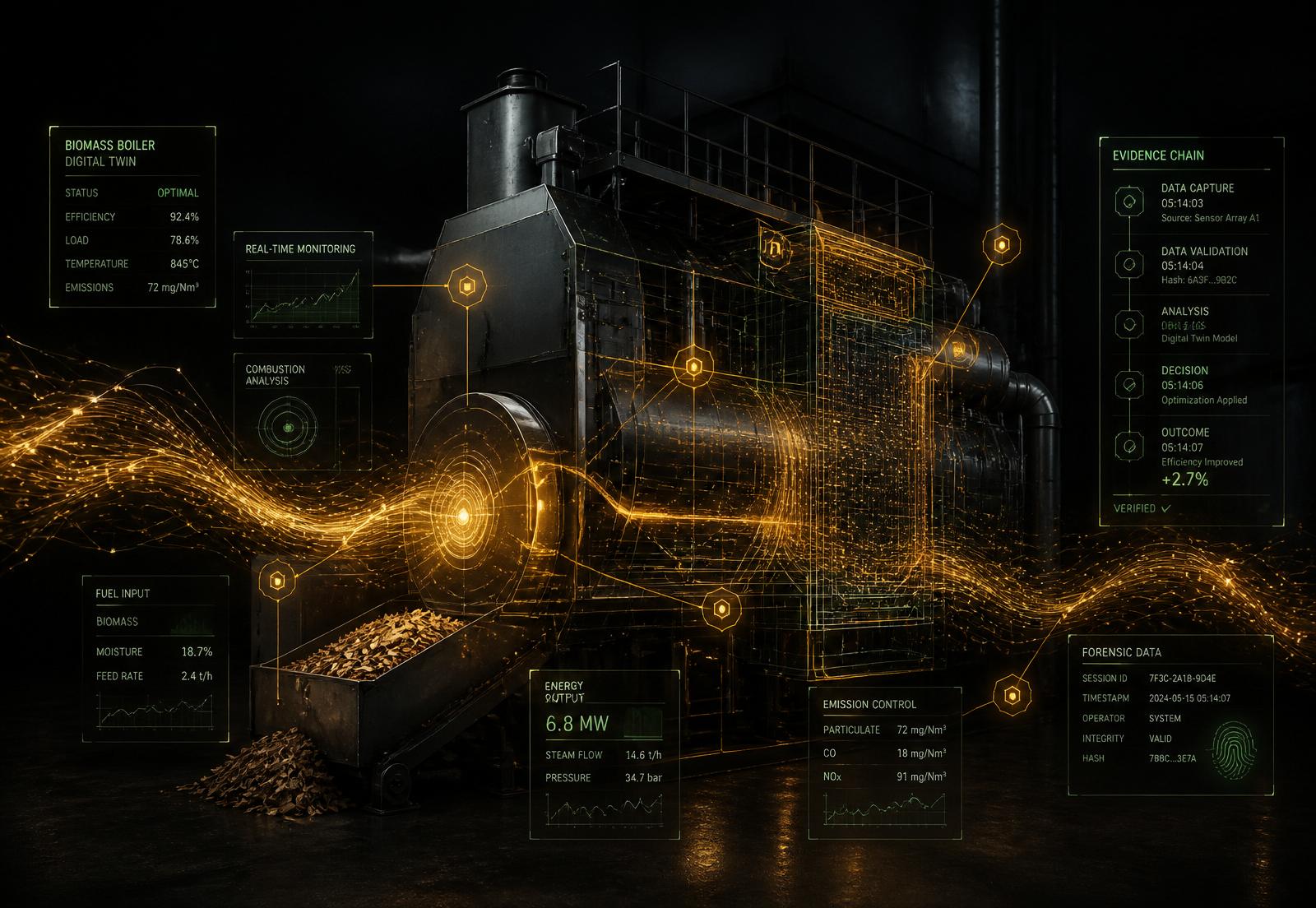 Biomass boiler with digital twin overlay showing forensic evidence chain